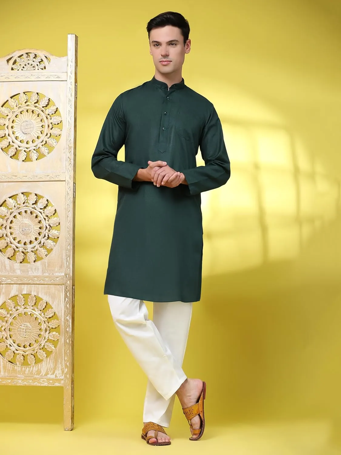 SKAVIJ Men's Cotton Henley Kurta Set Mandarin Collar Regular Fit Long Sleeves Ethnic Dress