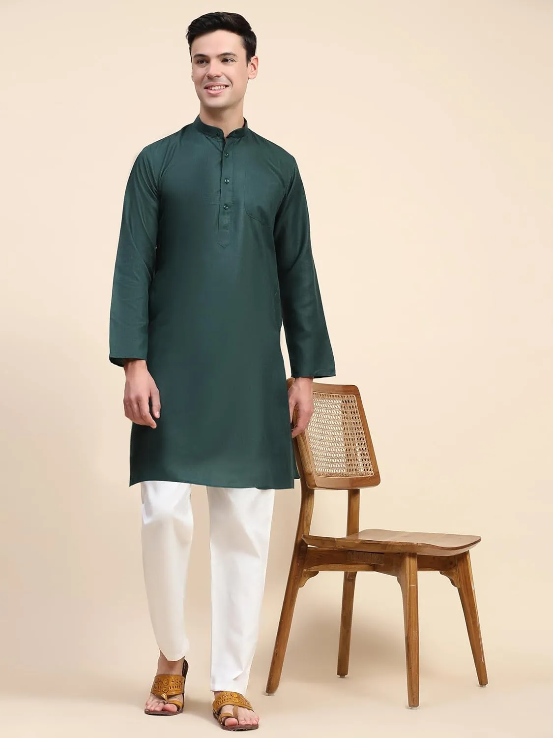 SKAVIJ Men's Cotton Henley Kurta Set Mandarin Collar Regular Fit Long Sleeves Ethnic Dress