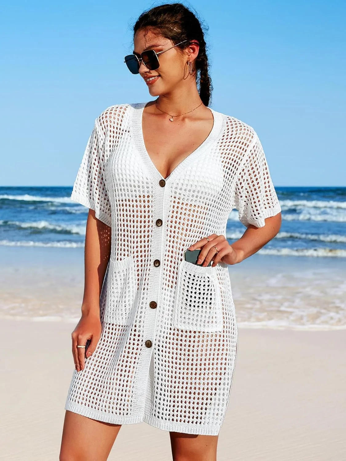 SOCIALA Swimsuit Cover up Women Button down Crochet Beach Dress Side Split Swim Bathing Suit Coverups Pocket Swimwear