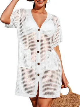 SOCIALA Swimsuit Cover up Women Button down Crochet Beach Dress Side Split Swim Bathing Suit Coverups Pocket Swimwear