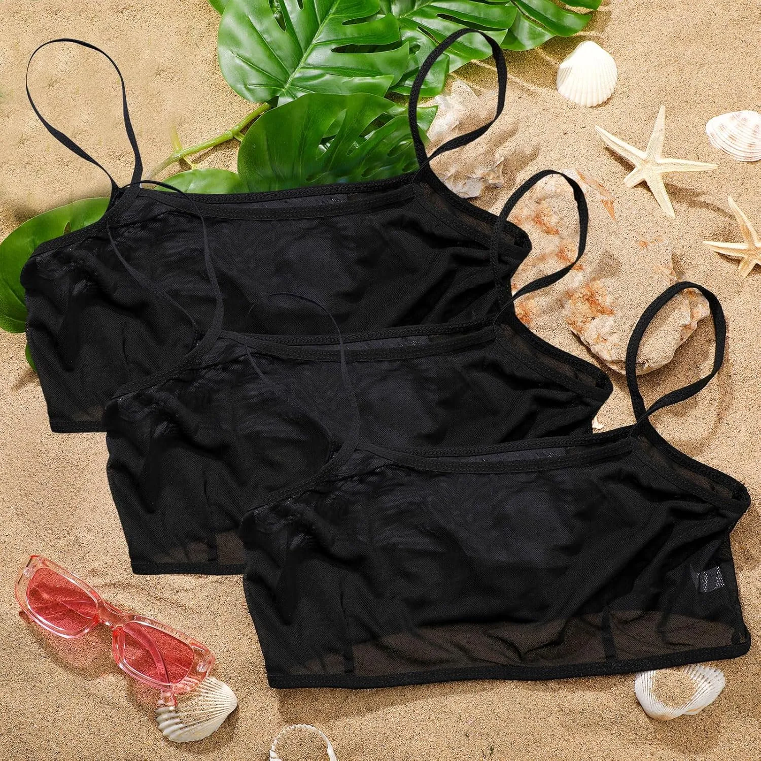 Toulite 6 Pcs Summer Women Mini Tanning Bikini Sheer Tank Tops See Through Stretch Crop Top Sleeveless Mesh for Beach