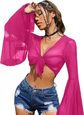 Verdusa Women's Tie Front Bell Long Sleeve Blouse Sheer Mesh Crop Top