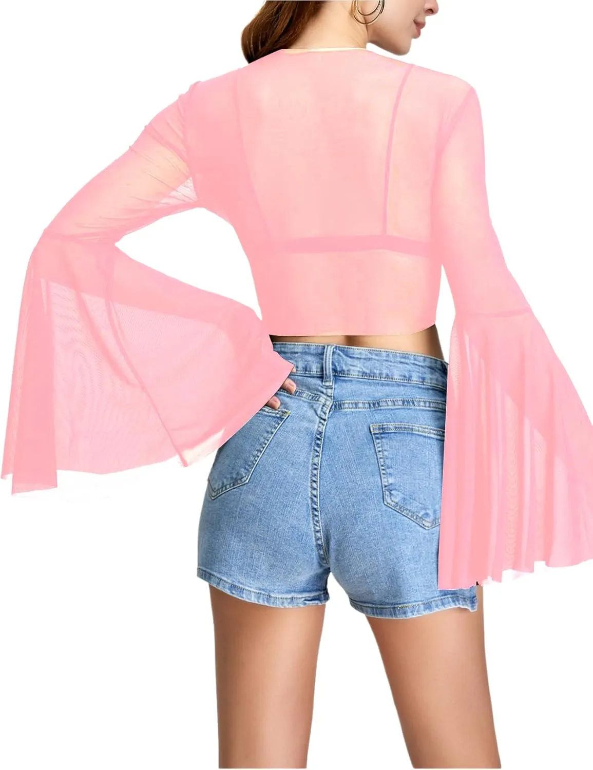 Verdusa Women's Tie Front Bell Long Sleeve Blouse Sheer Mesh Crop Top