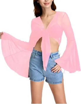 Verdusa Women's Tie Front Bell Long Sleeve Blouse Sheer Mesh Crop Top