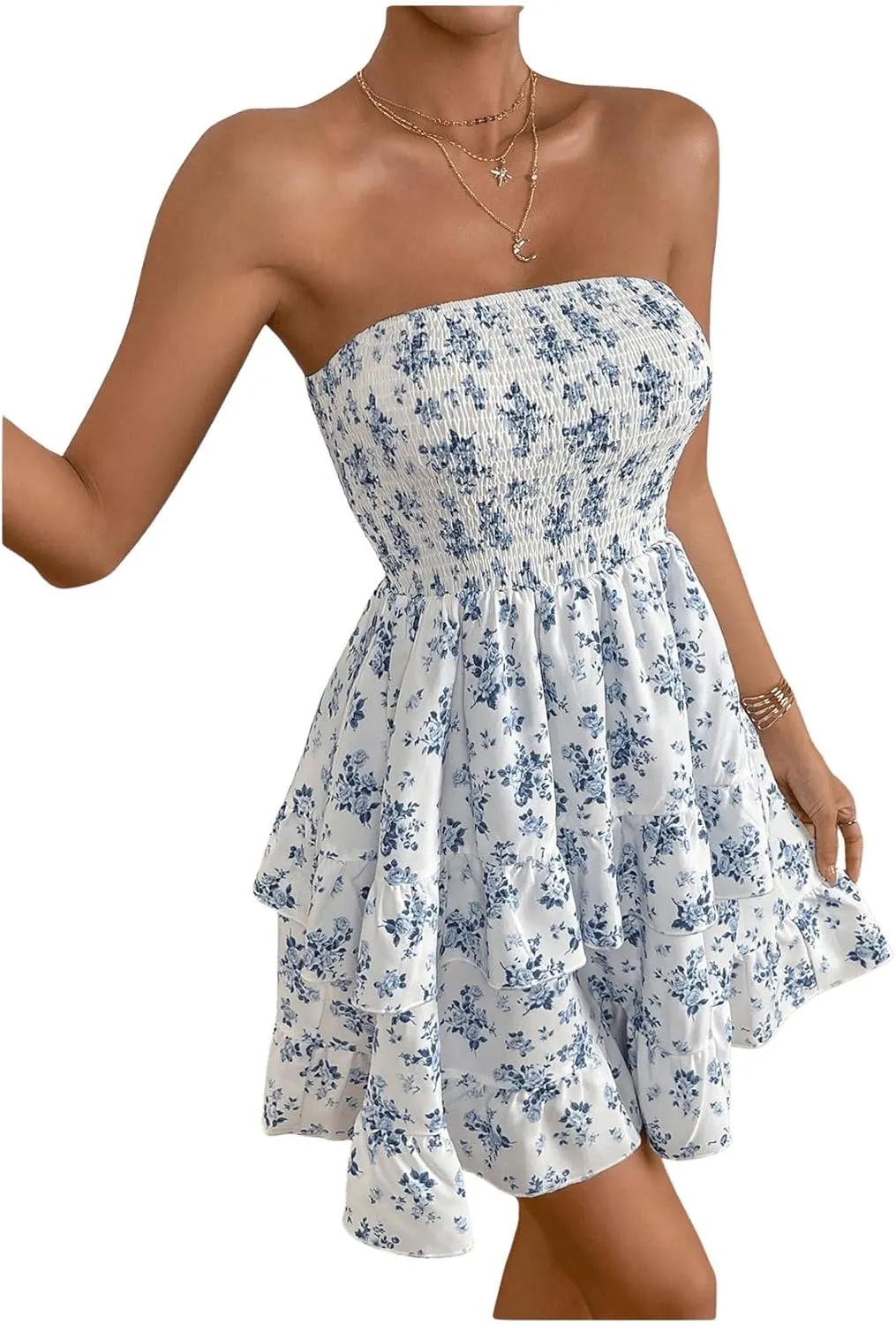 WDIRARA Women's Floral Print Ruffle Hem Tiered Layer Backless Shirred Tube A Line Dress