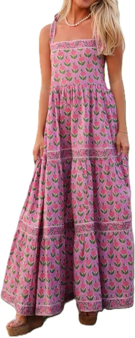 Women Bohemain Floral Maxi Dress Bow Tie Shoulder Flowy Cami Dress Y2K Ruffle Tiered Summer Beach Sundress