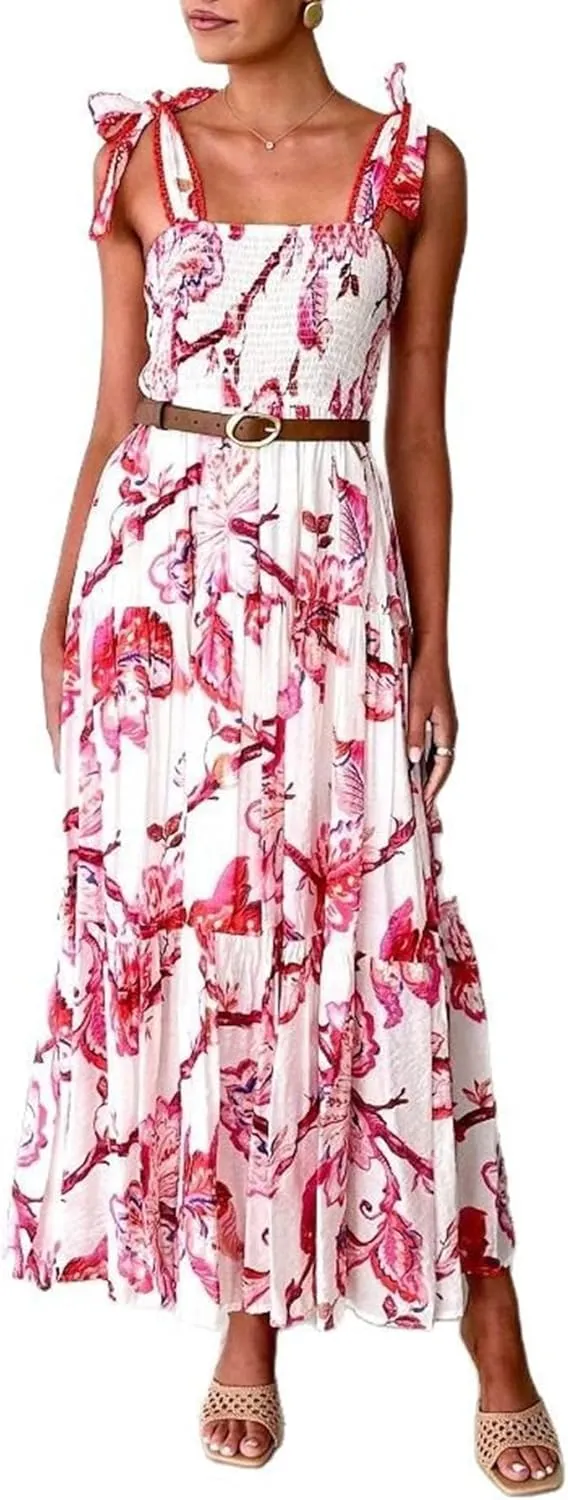 Women Bohemain Floral Maxi Dress Bow Tie Shoulder Flowy Cami Dress Y2K Ruffle Tiered Summer Beach Sundress