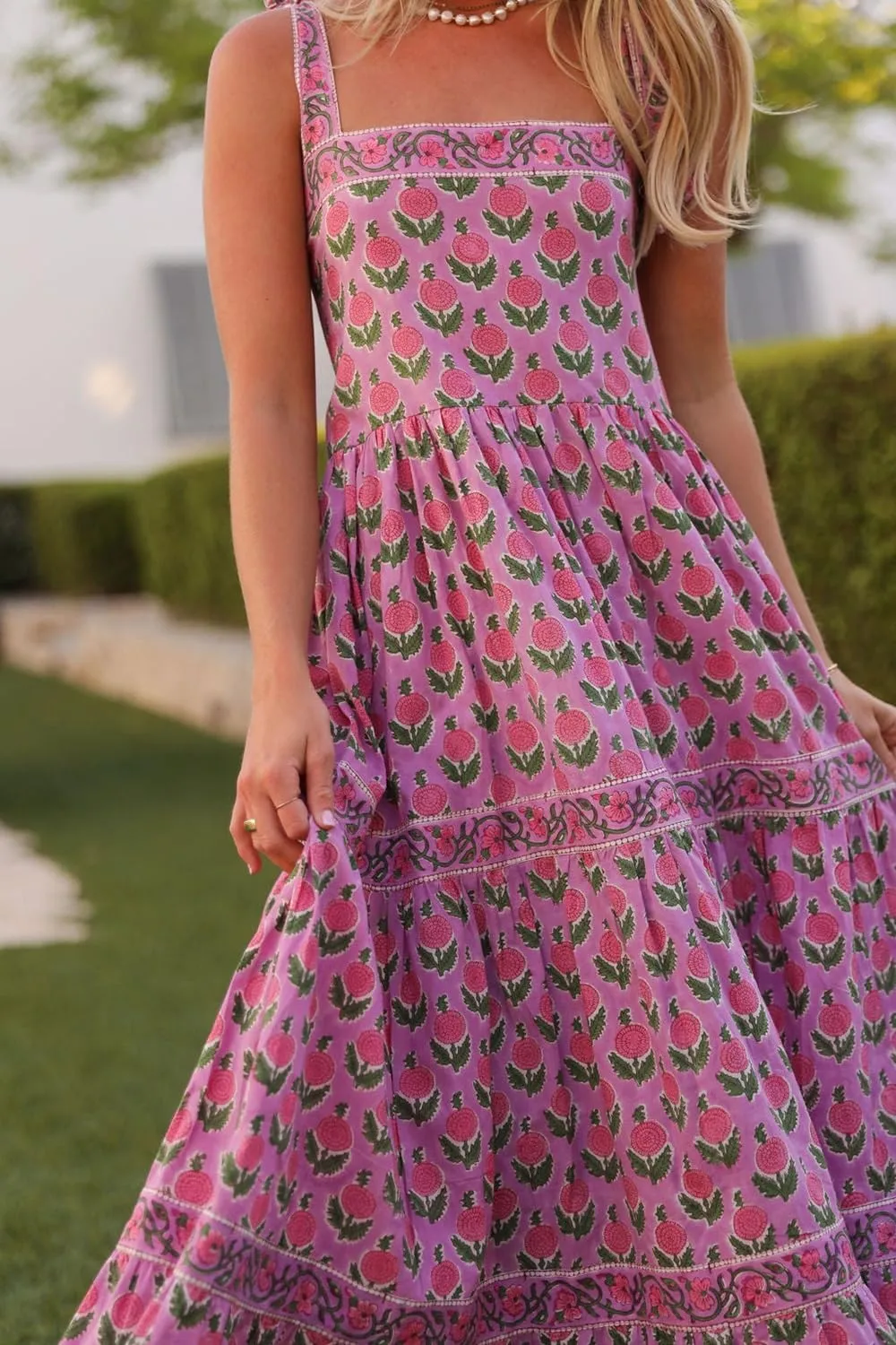 Women Bohemain Floral Maxi Dress Bow Tie Shoulder Flowy Cami Dress Y2K Ruffle Tiered Summer Beach Sundress