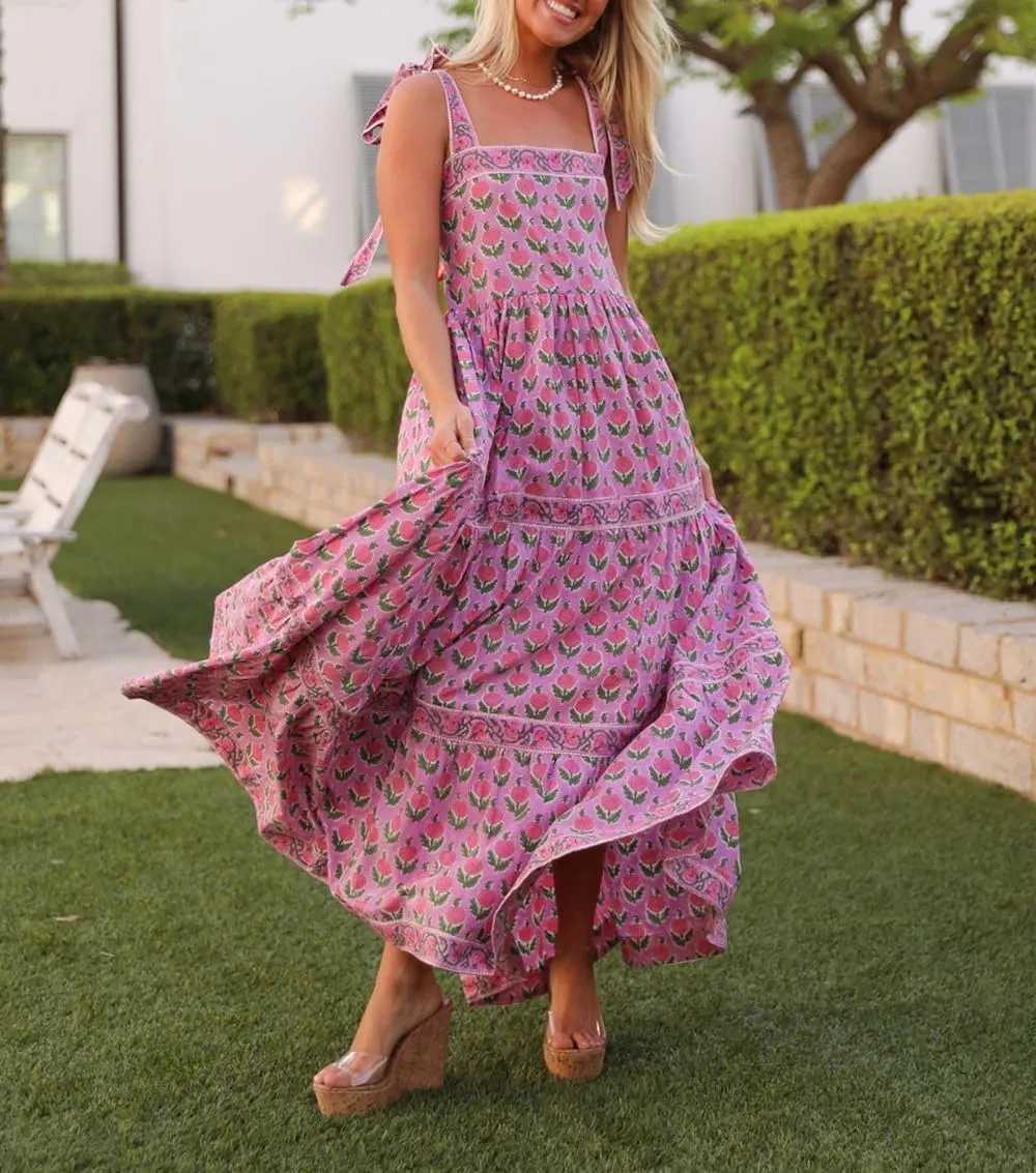 Women Bohemain Floral Maxi Dress Bow Tie Shoulder Flowy Cami Dress Y2K Ruffle Tiered Summer Beach Sundress