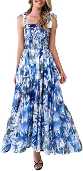 Women Bohemain Floral Maxi Dress Bow Tie Shoulder Flowy Cami Dress Y2K Ruffle Tiered Summer Beach Sundress
