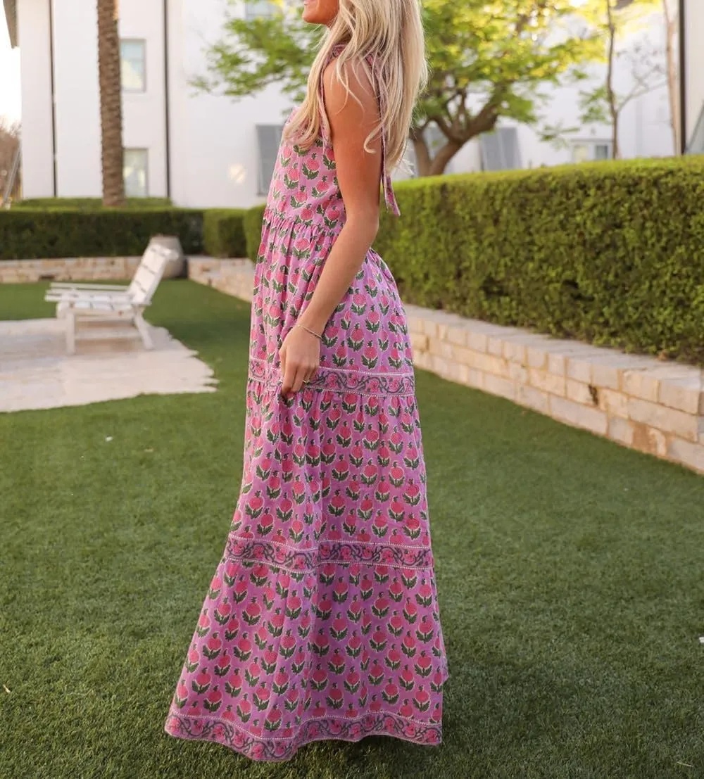 Women Bohemain Floral Maxi Dress Bow Tie Shoulder Flowy Cami Dress Y2K Ruffle Tiered Summer Beach Sundress