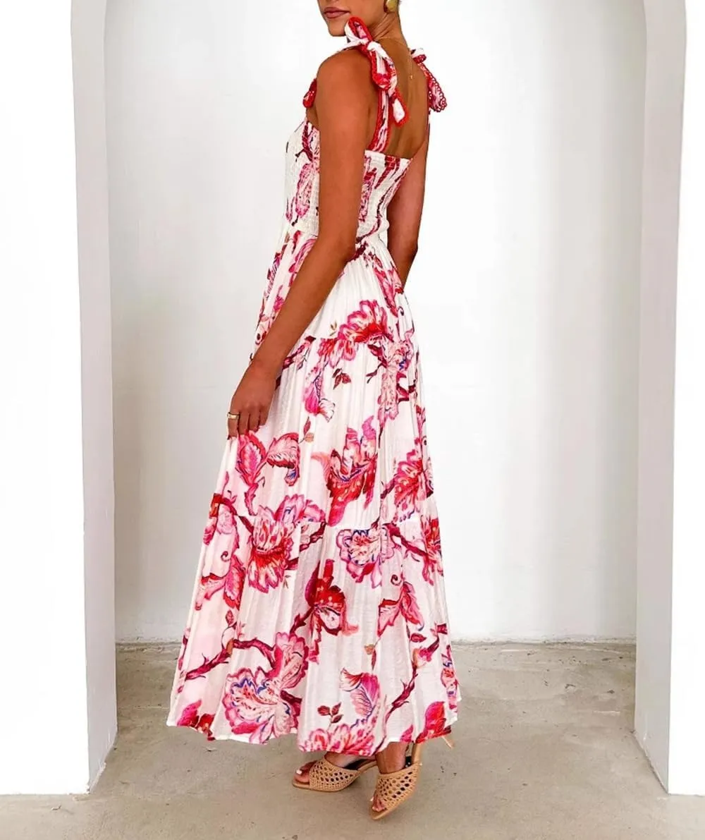 Women Bohemain Floral Maxi Dress Bow Tie Shoulder Flowy Cami Dress Y2K Ruffle Tiered Summer Beach Sundress