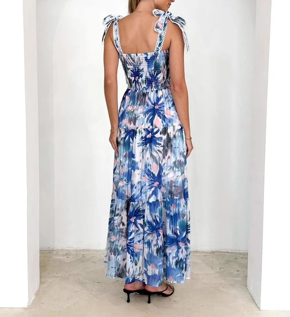 Women Bohemain Floral Maxi Dress Bow Tie Shoulder Flowy Cami Dress Y2K Ruffle Tiered Summer Beach Sundress