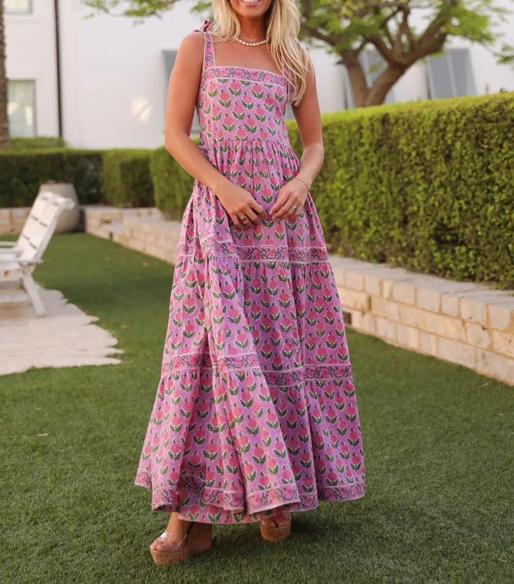 Women Bohemain Floral Maxi Dress Bow Tie Shoulder Flowy Cami Dress Y2K Ruffle Tiered Summer Beach Sundress