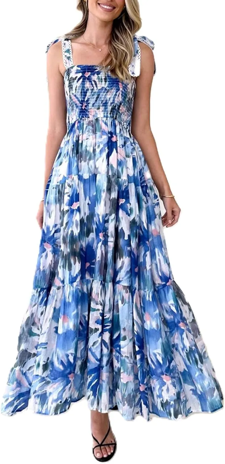 Women Bohemain Floral Maxi Dress Bow Tie Shoulder Flowy Cami Dress Y2K Ruffle Tiered Summer Beach Sundress