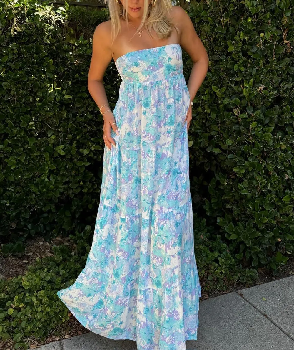Women Boho Floral Maxi Tube Dress Strapless Flowy Long Bandeau Dress Open Back Tiered Sundress Summer Beachwear