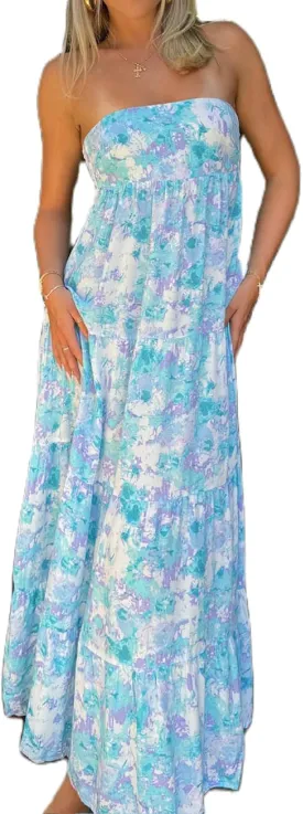 Women Boho Floral Maxi Tube Dress Strapless Flowy Long Bandeau Dress Open Back Tiered Sundress Summer Beachwear