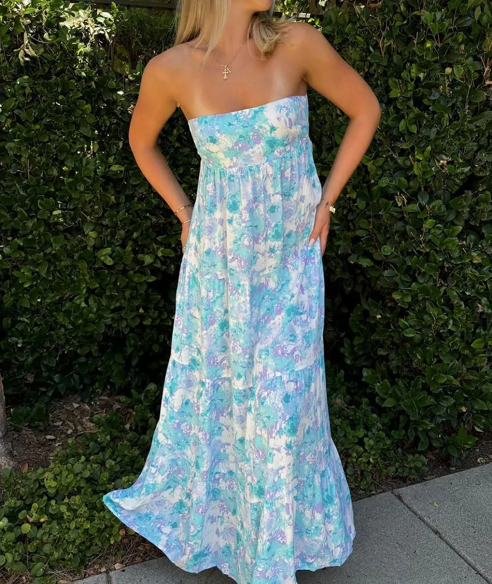 Women Boho Floral Maxi Tube Dress Strapless Flowy Long Bandeau Dress Open Back Tiered Sundress Summer Beachwear