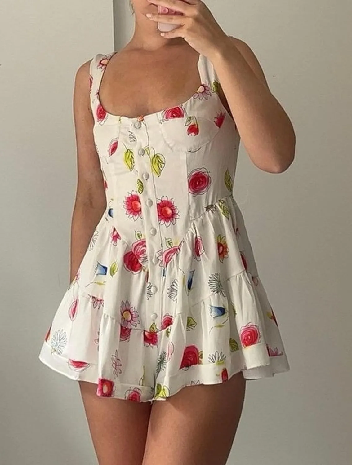 Women Cute Spaghetti Strap Boho Mini Dress Floral Backless Flowy Sling Short Dresses Graphic Summer Vocation Sundress
