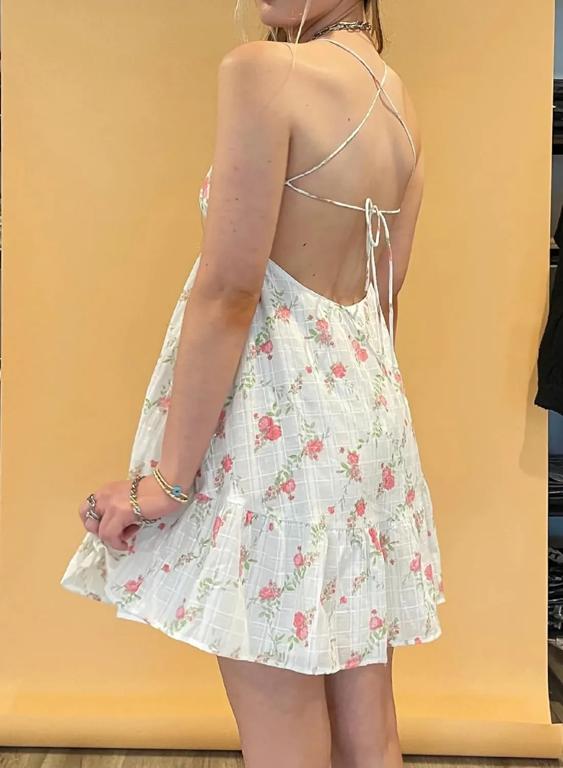 Women Cute Spaghetti Strap Boho Mini Dress Floral Backless Flowy Sling Short Dresses Graphic Summer Vocation Sundress