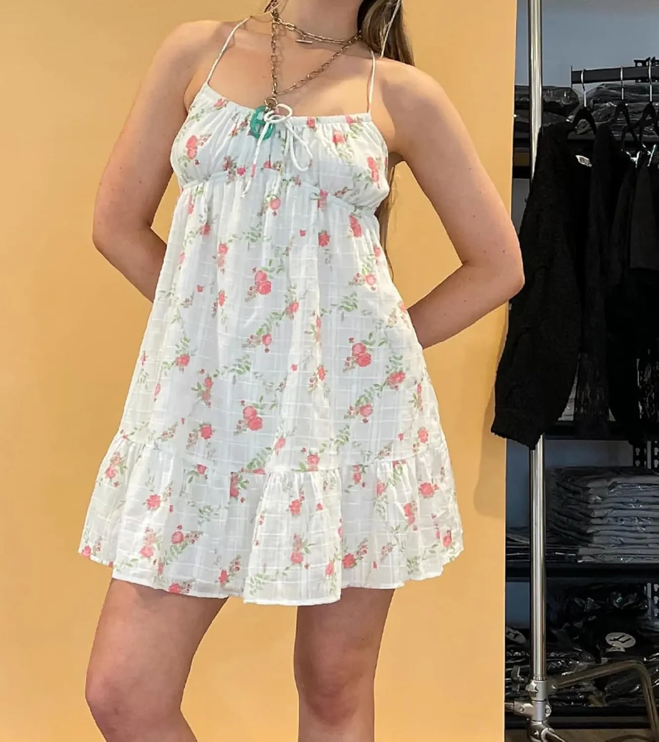 Women Cute Spaghetti Strap Boho Mini Dress Floral Backless Flowy Sling Short Dresses Graphic Summer Vocation Sundress