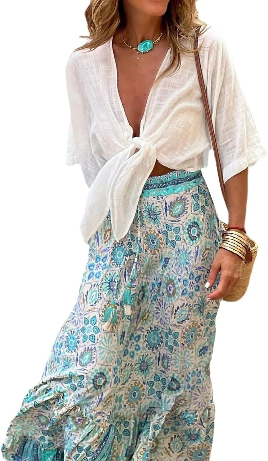 Women Flowy Boho Maxi Skirt Floral Print Pleated Ruffle Casual Long Skirt Beachwear Aesthetic Clothes