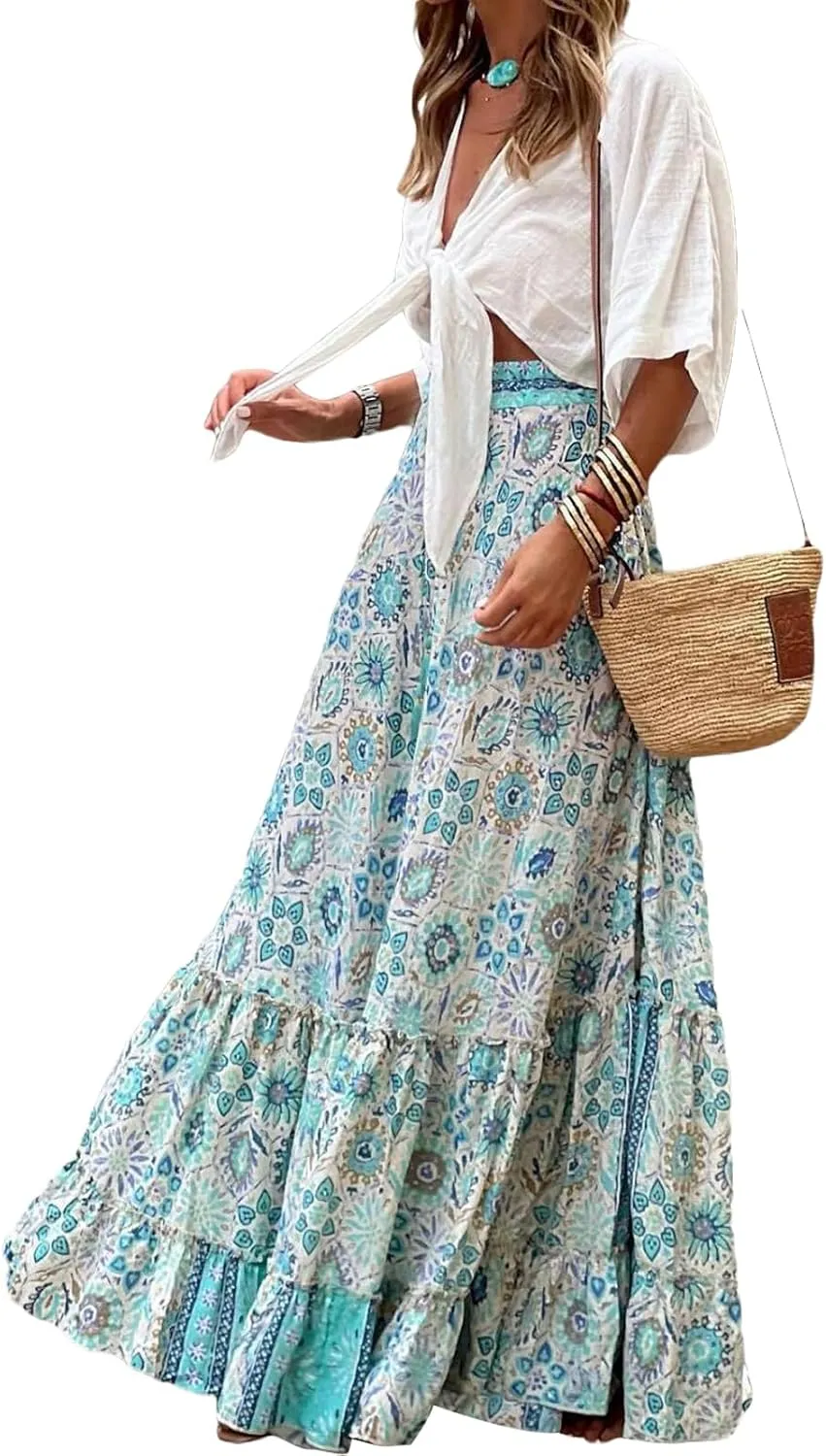 Women Flowy Boho Maxi Skirt Floral Print Pleated Ruffle Casual Long Skirt Beachwear Aesthetic Clothes