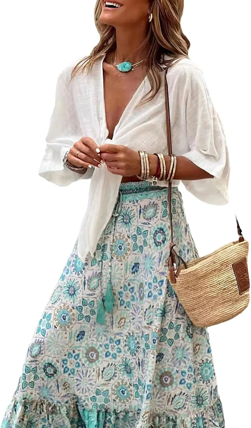 Women Flowy Boho Maxi Skirt Floral Print Pleated Ruffle Casual Long Skirt Beachwear Aesthetic Clothes