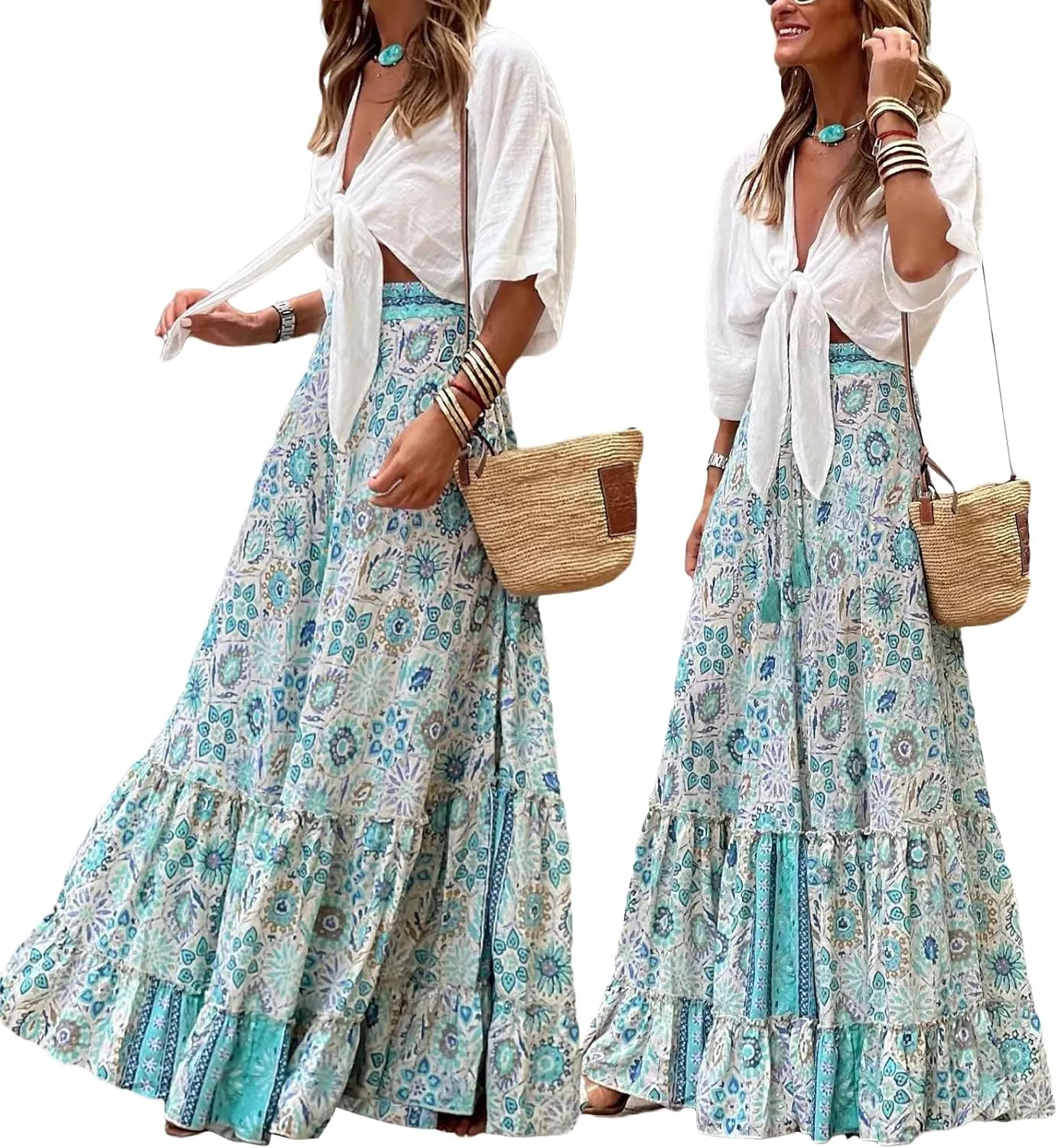 Women Flowy Boho Maxi Skirt Floral Print Pleated Ruffle Casual Long Skirt Beachwear Aesthetic Clothes