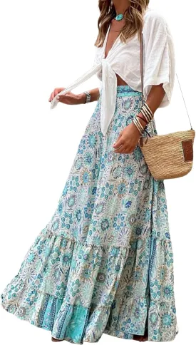 Women Flowy Boho Maxi Skirt Floral Print Pleated Ruffle Casual Long Skirt Beachwear Aesthetic Clothes