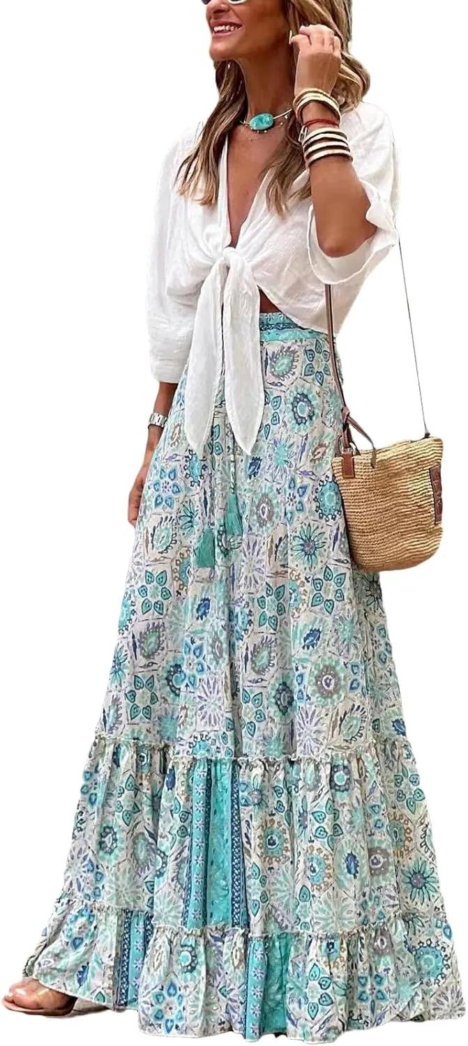 Women Flowy Boho Maxi Skirt Floral Print Pleated Ruffle Casual Long Skirt Beachwear Aesthetic Clothes