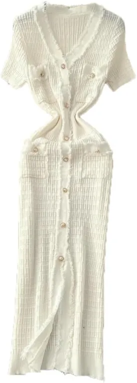 Women Vintage Pearl Buttons Knit Dress Office Knit Sweater Dress Bodycon Long Party Dresses