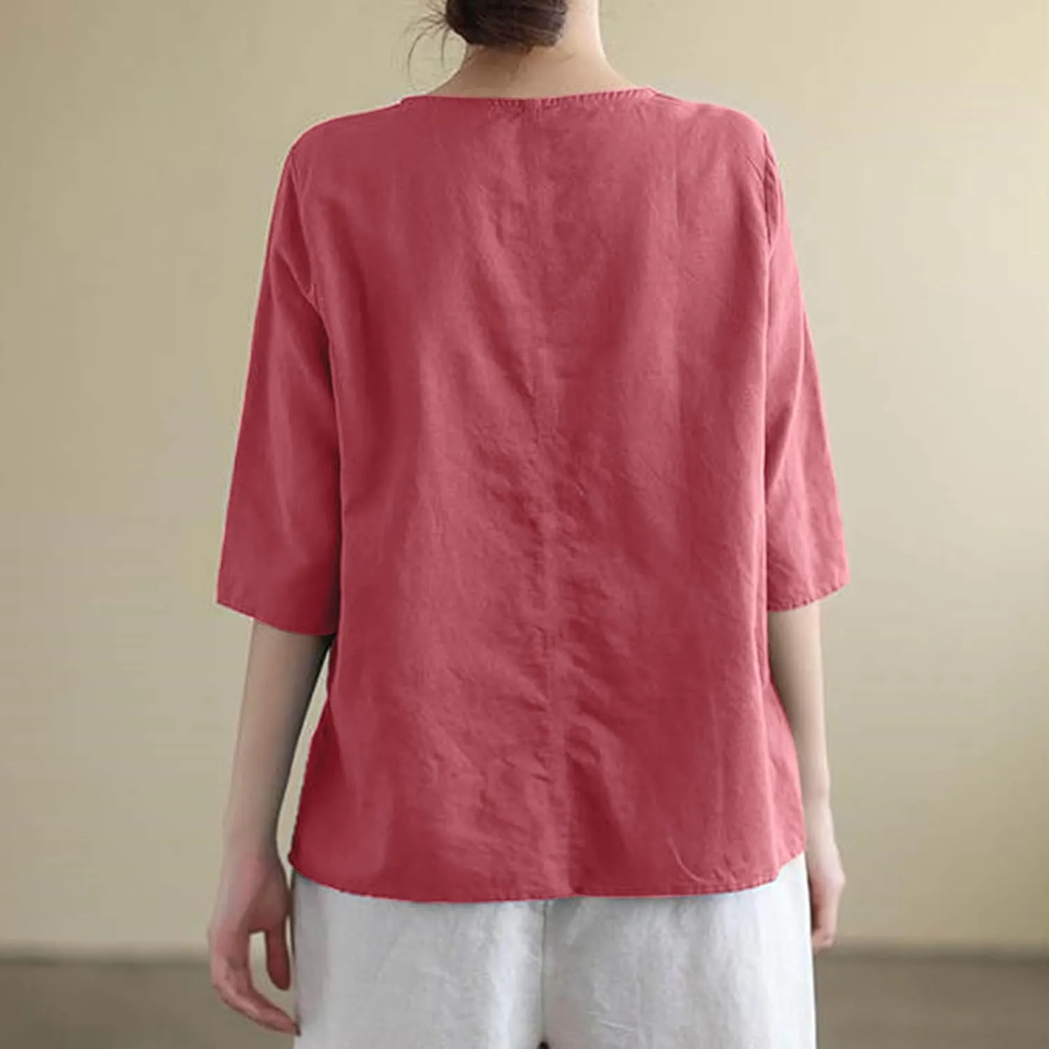Womens Embroidered Tops Cotton Linen Tunic Blouse 3/4 Sleeve Loose Fit Casual Floral Vintage Shirt