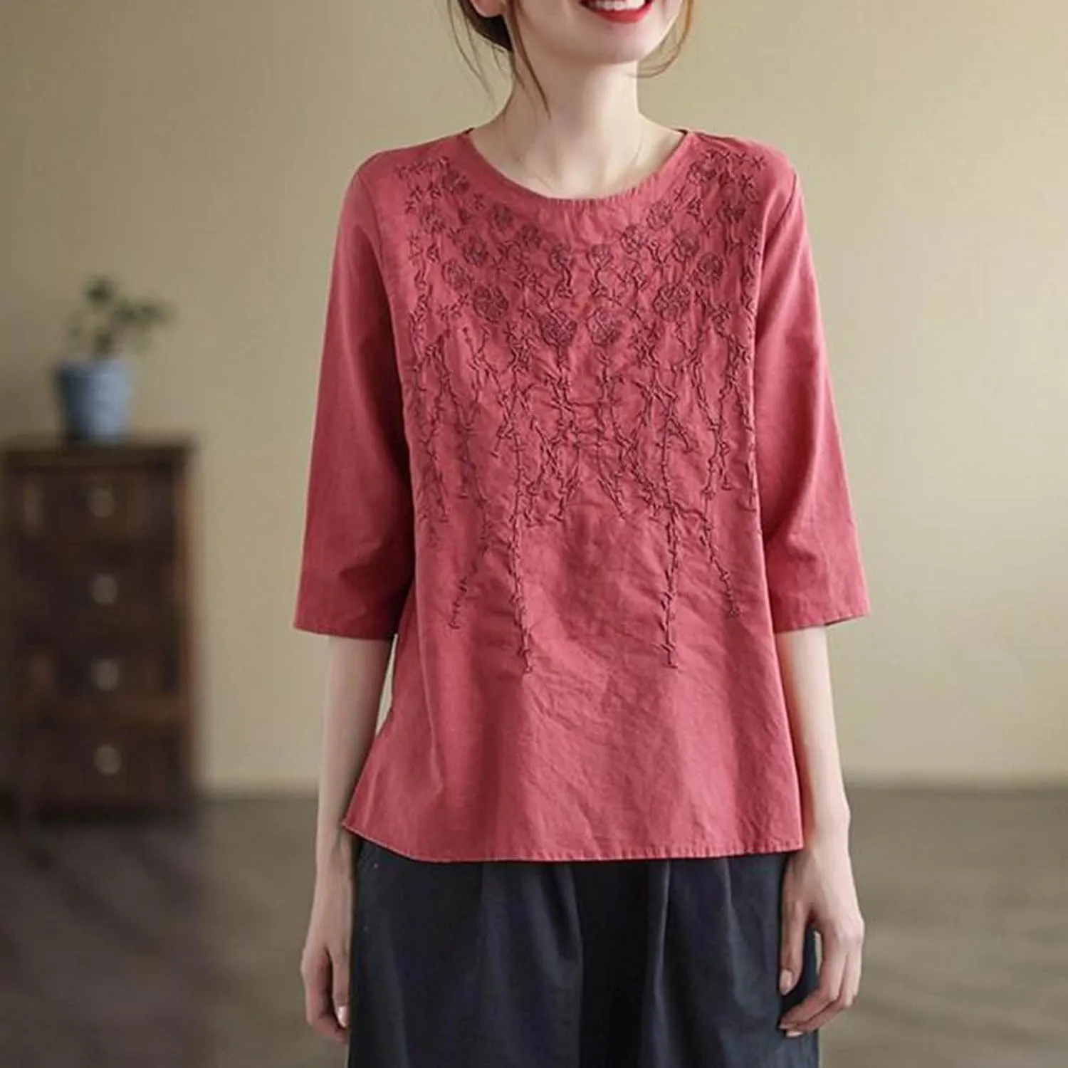 Womens Embroidered Tops Cotton Linen Tunic Blouse 3/4 Sleeve Loose Fit Casual Floral Vintage Shirt