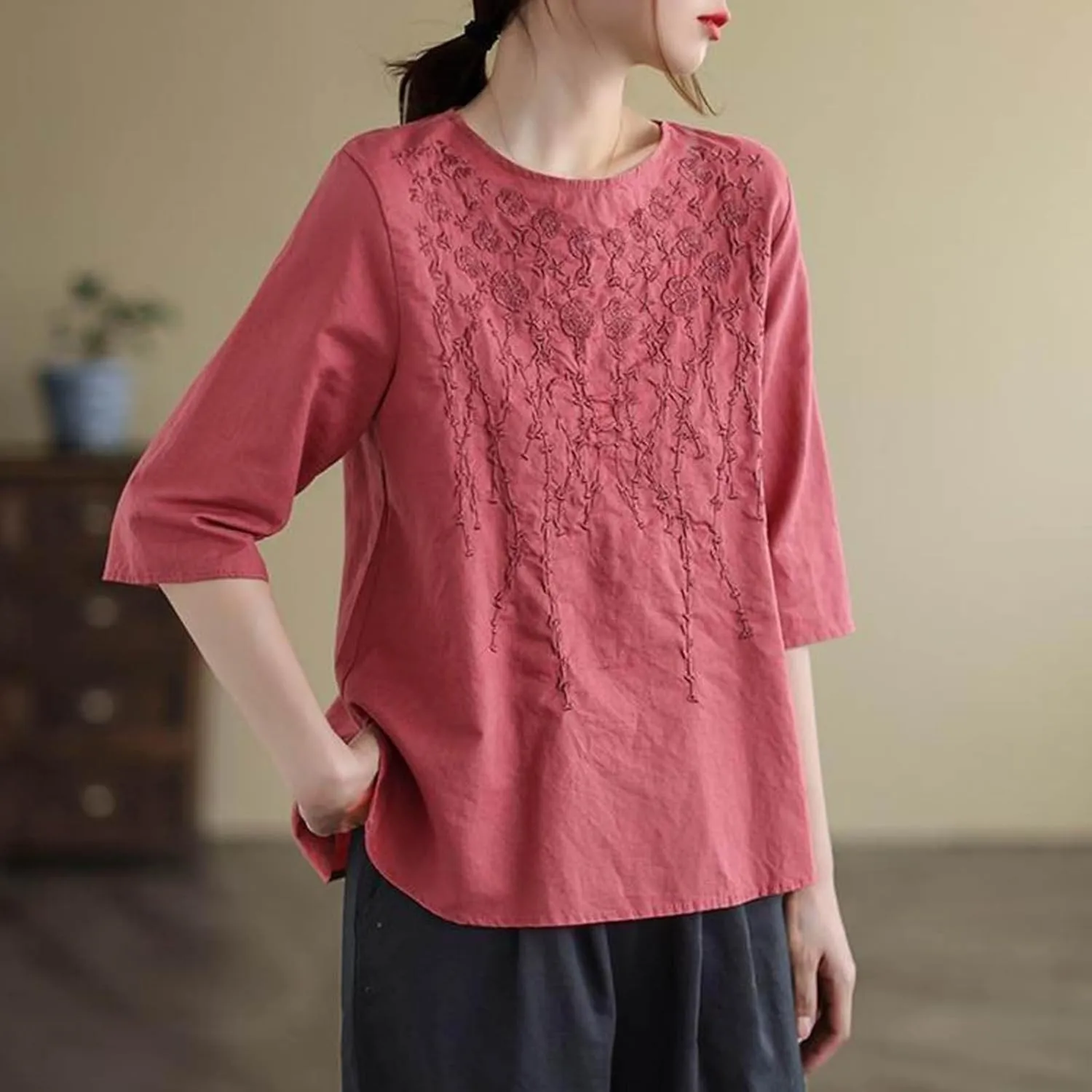 Womens Embroidered Tops Cotton Linen Tunic Blouse 3/4 Sleeve Loose Fit Casual Floral Vintage Shirt