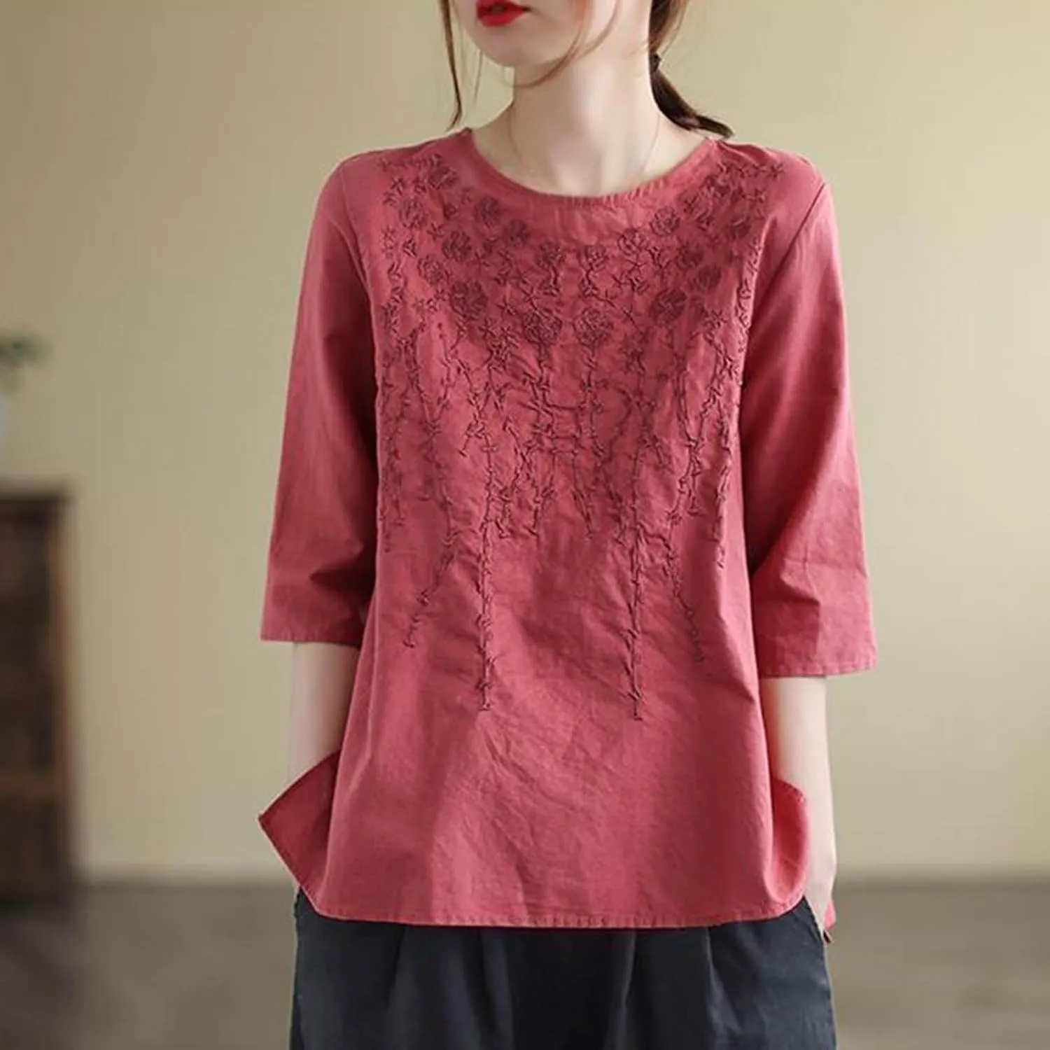 Womens Embroidered Tops Cotton Linen Tunic Blouse 3/4 Sleeve Loose Fit Casual Floral Vintage Shirt