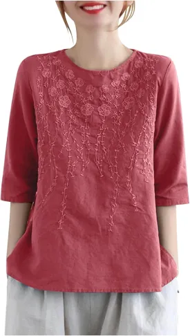 Womens Embroidered Tops Cotton Linen Tunic Blouse 3/4 Sleeve Loose Fit Casual Floral Vintage Shirt