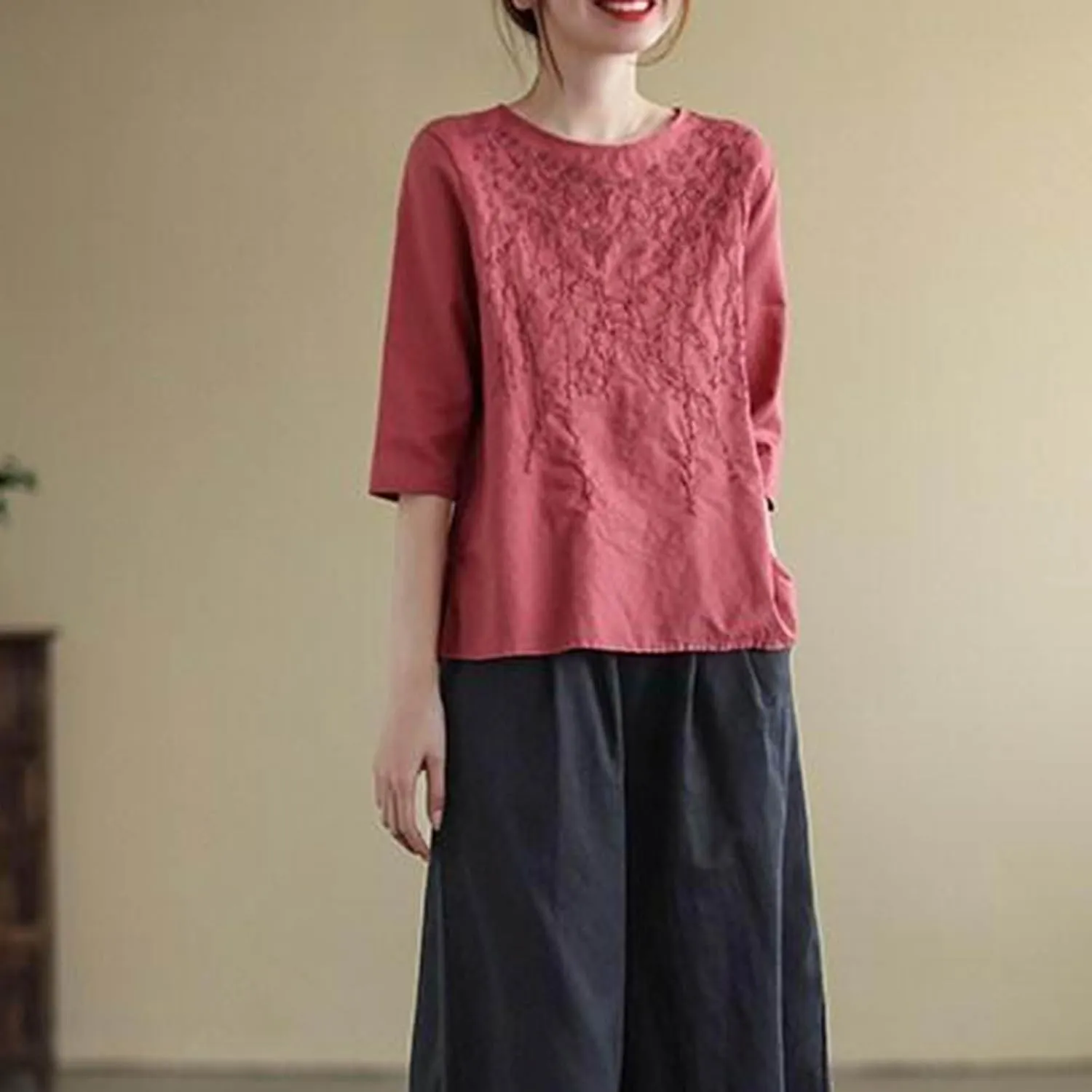 Womens Embroidered Tops Cotton Linen Tunic Blouse 3/4 Sleeve Loose Fit Casual Floral Vintage Shirt