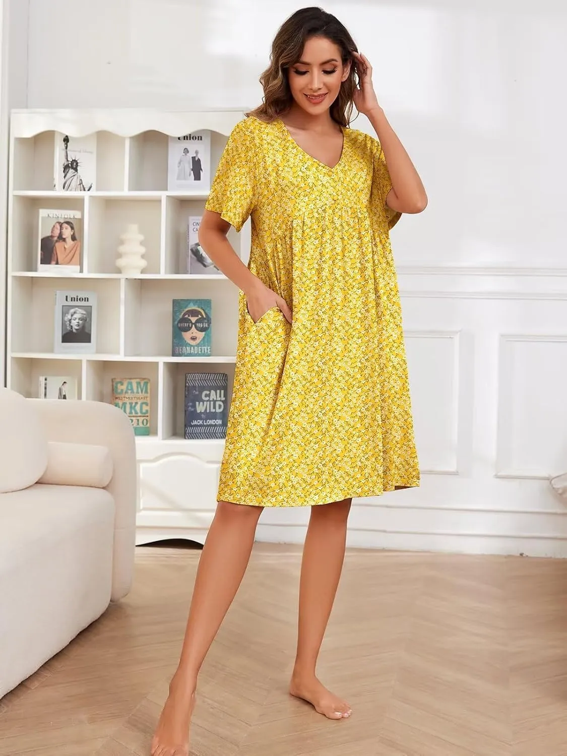 Womens House Dress Floral Print Nightgown with Pockets Mumu Dress S-3XL