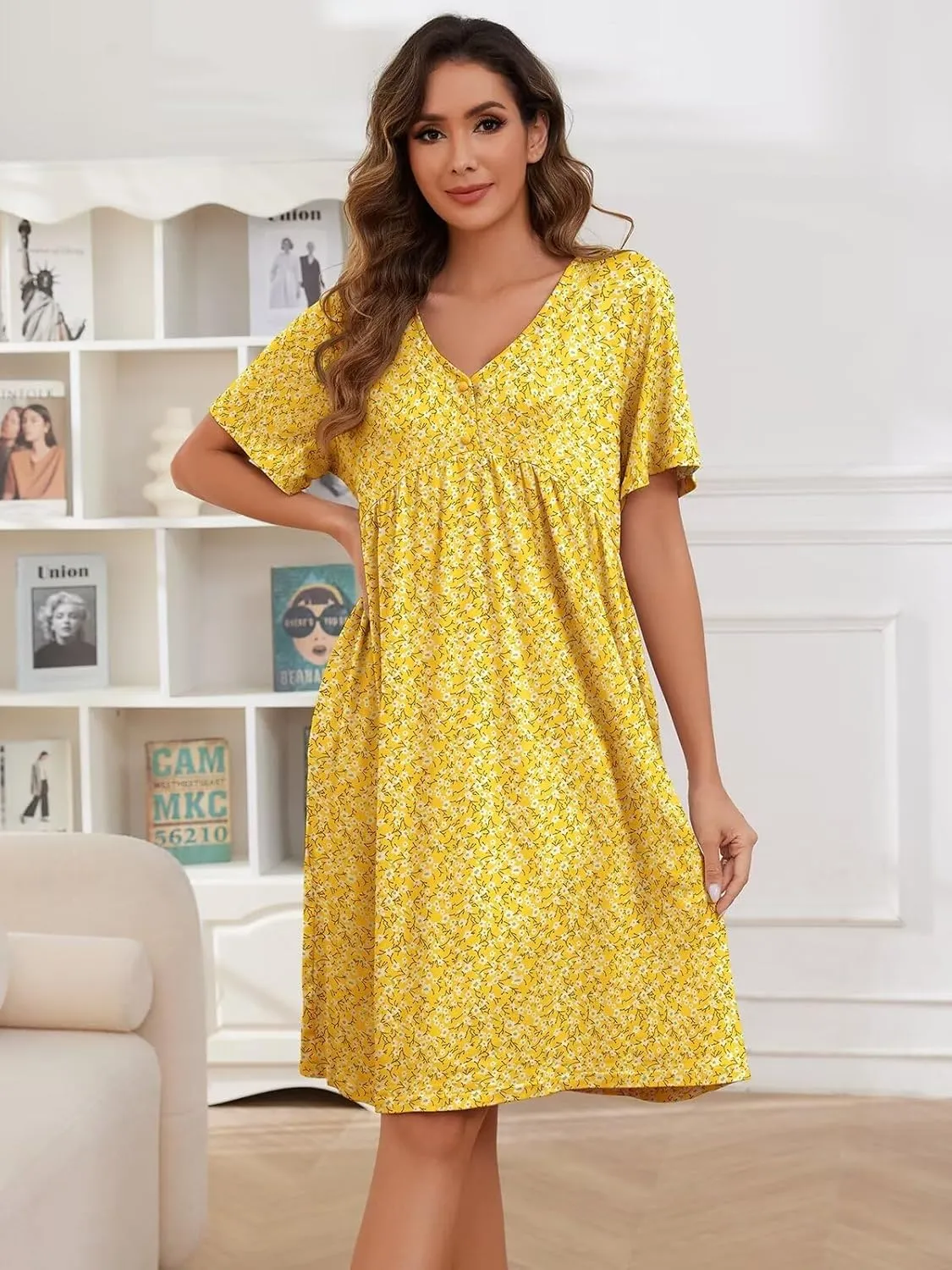Womens House Dress Floral Print Nightgown with Pockets Mumu Dress S-3XL