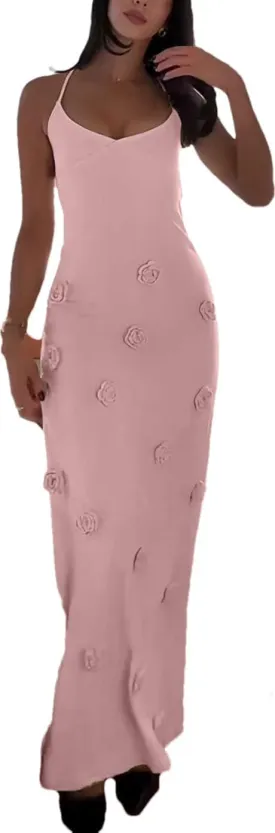 Women's Knit Maxi Dress Spaghetti Strap Floral Dresses Bodycon Knitted Beach Long Dress Backless Swim Cover up Dresses