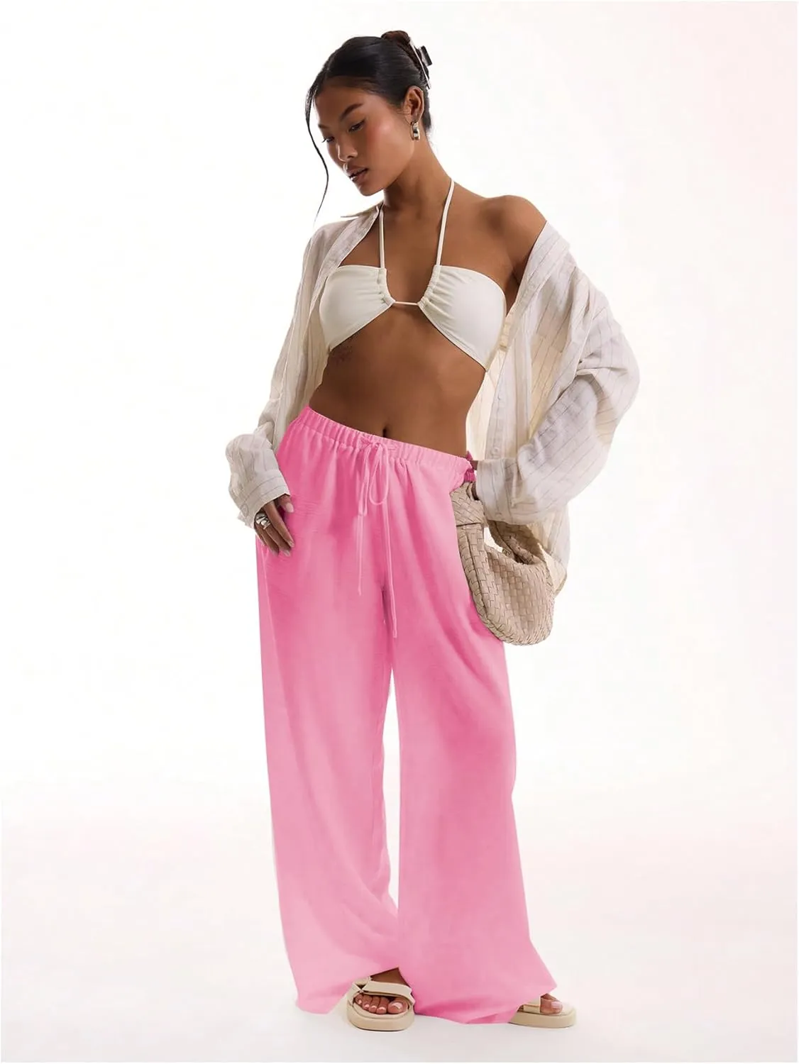 Womens Linen Pants Wide Leg Loose Cotton Swimsuit Coverups Summer Pants Beach Vacation Outfits