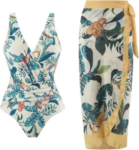 Women's One Piece Swimsuit with Cover up Set Beach Wrap Skirt Retro Floral Print Bathing Suit for Women Tummy Control