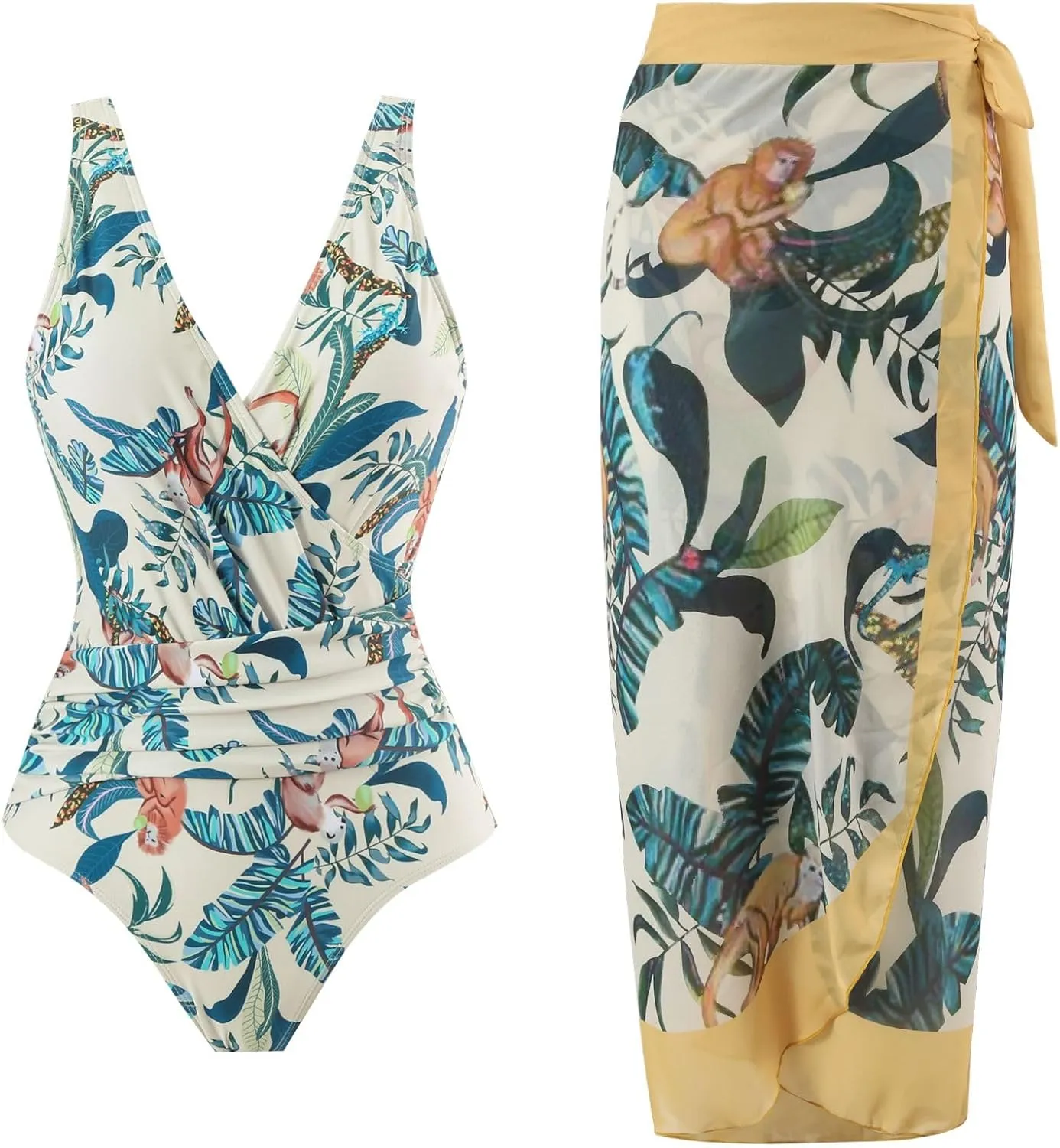 Women's One Piece Swimsuit with Cover up Set Beach Wrap Skirt Retro Floral Print Bathing Suit for Women Tummy Control