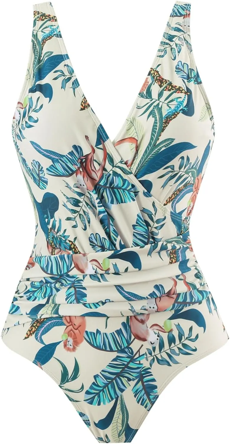 Women's One Piece Swimsuit with Cover up Set Beach Wrap Skirt Retro Floral Print Bathing Suit for Women Tummy Control