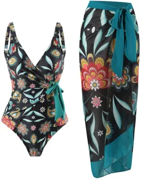 Women's One Piece Swimsuit with Cover up Set Beach Wrap Skirt Retro Floral Print Bathing Suit for Women Tummy Control