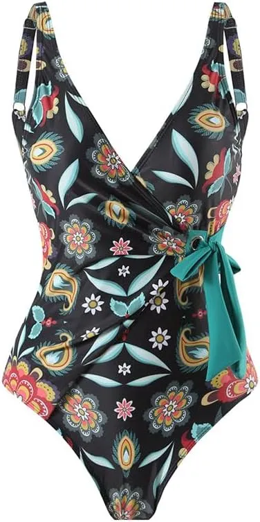 Women's One Piece Swimsuit with Cover up Set Beach Wrap Skirt Retro Floral Print Bathing Suit for Women Tummy Control