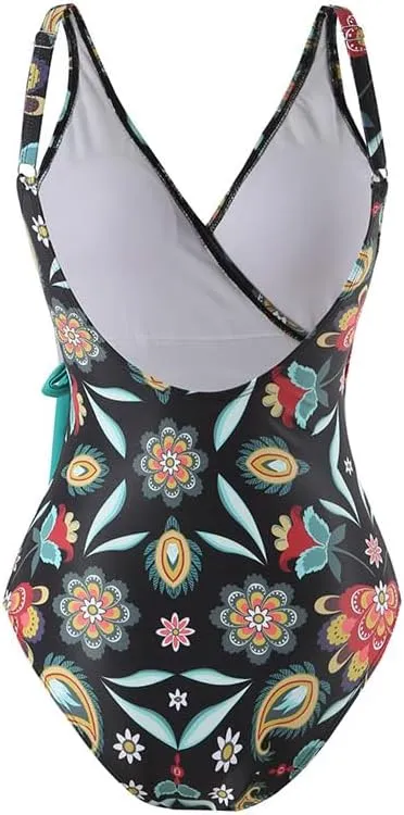 Women's One Piece Swimsuit with Cover up Set Beach Wrap Skirt Retro Floral Print Bathing Suit for Women Tummy Control