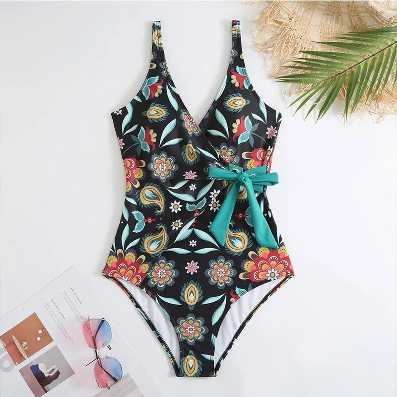 Women's One Piece Swimsuit with Cover up Set Beach Wrap Skirt Retro Floral Print Bathing Suit for Women Tummy Control