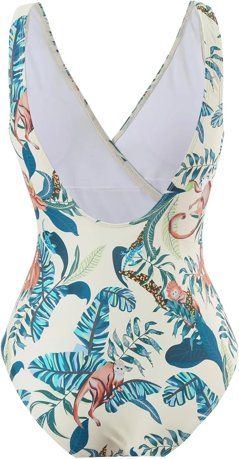 Women's One Piece Swimsuit with Cover up Set Beach Wrap Skirt Retro Floral Print Bathing Suit for Women Tummy Control